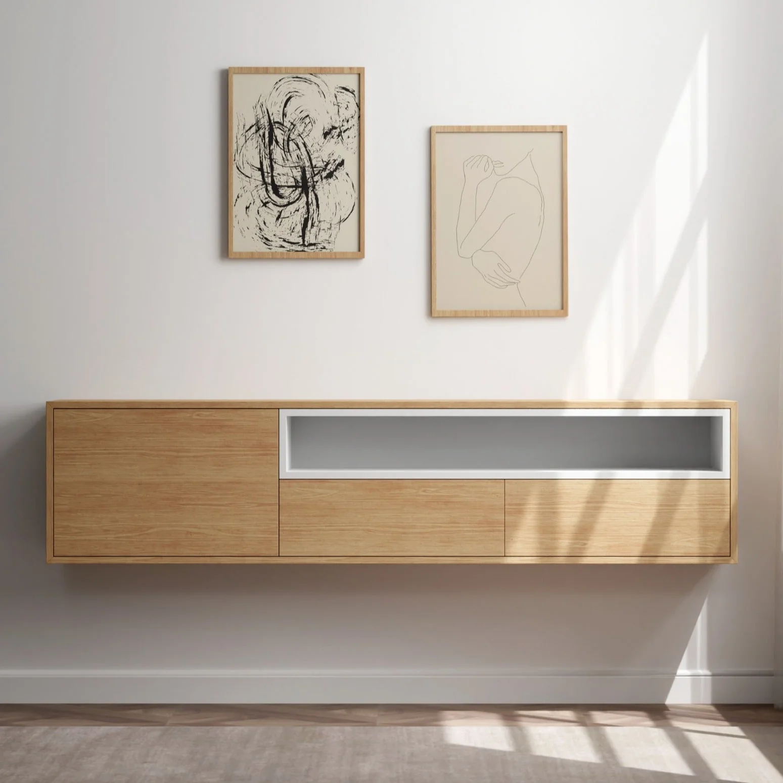 DALOMA | מזנון נורדי צף מעץ, עם מגירות, מדף פתוח ומדף סגור - Image 2